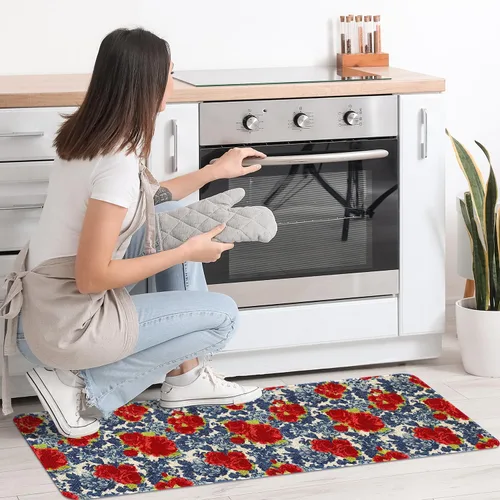 Vista 3 de Mloabuc® Juego de 2 Tapetes de Cocina con Diseño de Flores Estilo Granja Anti Fatiga Impermeables Resistentes a las Manchas Alfombra de Piso
