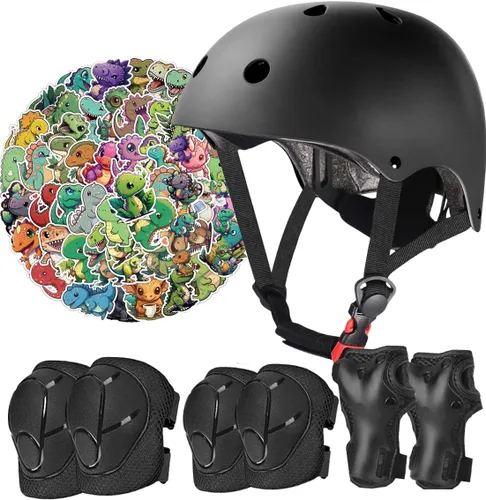 Vista 20 de Juego de casco de bicicleta para niños, certificado CPSC con rodilleras, coderas, muñequeras, casco negro ajustable para niñas de 2-3-5-8 años