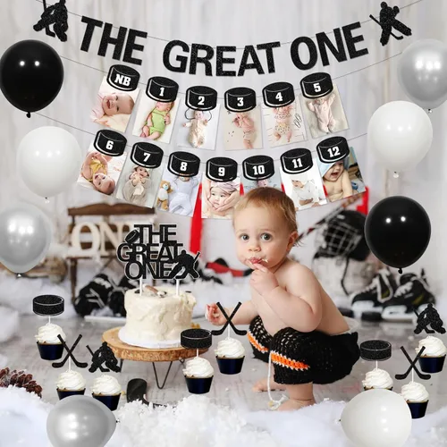 Vista 2 de Decoraciones de hockey para el primer cumpleaños para niños, cartel de fotos de bebé de primer cumpleaños para recién nacidos a 12 meses, decoración