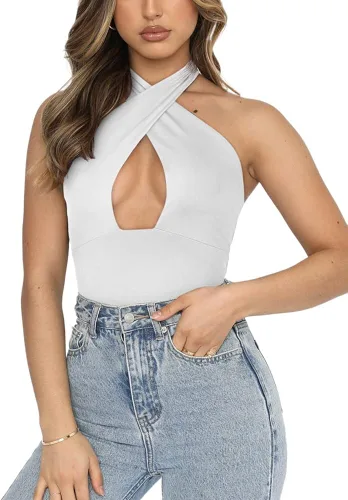 Vista 3 de REORIA Body sexy con cuello halter cruzado para mujer, sin mangas, tanga