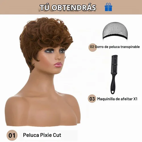 Vista 2 de MOONSHOW - Pelucas cortas de corte Pixie para mujeres negras, peluca de corte Pixie marrón Short Pixie Wigs for Black Women Natural Layered Short