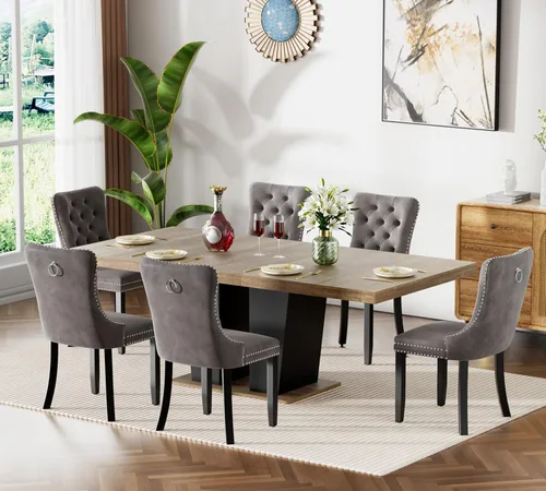 Vista 6 de Mesa de comedor extensible de 78.74 pulgadas para 6 8 y 10 pulgadas, moderna mesa de comedor extensible de granja con base de doble pedestal, mesa