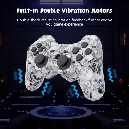 Vista 5 de Controller for PS-3 Wireless, Gaming Remote Joystick for Play 3 with Charger Cable Cord (Black Ghost, White Skull)