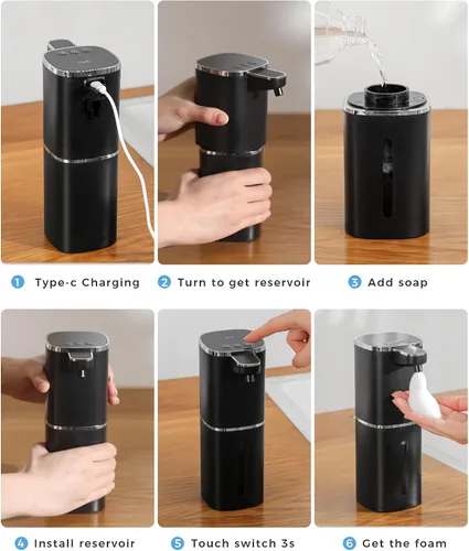 Vista 6 de Dispensador automático de jabón espumoso sin contacto, dispensador de jabón de manos inteligente recargable por USB, 9 niveles ajustables, 13.5 Negro