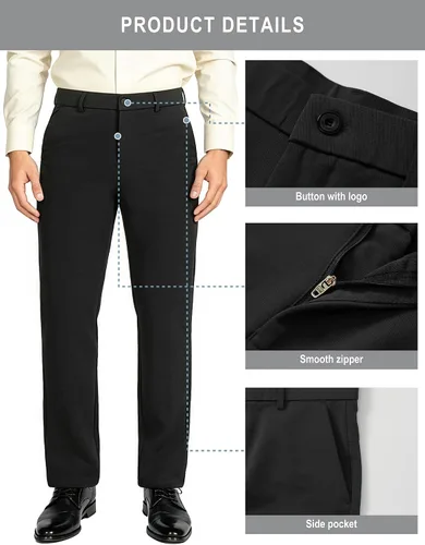 Vista 5 de Plaid&Plain Pantalones de vestir para hombre, elásticos, corte delgado, 4 direcciones de flexibilidad 7603# Negro