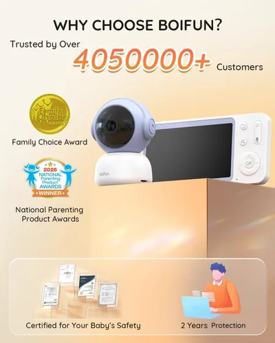 Vista 2 de BOIFUN Monitor Wi-Fi para bebés con cámara y audio, APP compatible con smartphones, visión nocturna HD 2K con pantalla de 5", seguimiento automático