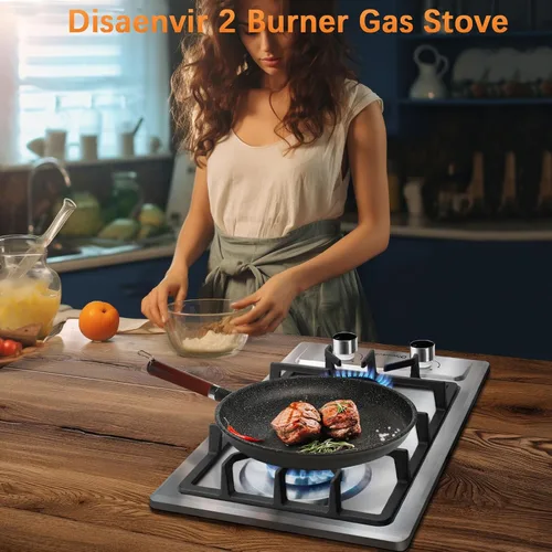 Vista 3 de Cocina de gas de 2 quemadores de propano - Estufa de gas de acero inoxidable de 12 pulgadas para combustible dual LPG/GN, quemador de gas portátil