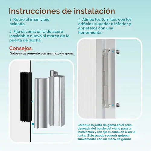 Vista 5 de Manija de puerta de ducha sin marco cromada brillante de 3-3/4 pulgadas con pestillo de metal, canal en U de acero inoxidable con imán para puerta