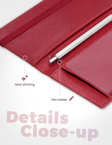 Vista 111 de Yarnic Funda para chequera personal, soporte para chequera con soporte para bolígrafo y divisor de plástico transparente integrado para cheques Rosa