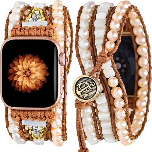Vista 13 de Correa de reloj de cuerda trenzada con cuentas, estilo bohemio, gira 5 veces, múltiples capas, compatible con reloj Apple Watch de 45 mm, 41 mm, 44