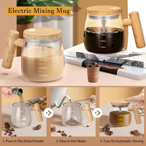 Vista 3 de Taza Autoagitante, Taza de Café Autoagitante de 400ML, Taza de Mezcla Eléctrica de Alta Calidad de Vidrio Borosilicato, Taza de Café con Soporte
