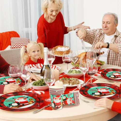 Vista 6 de DIYASY Platos y servilletas de papel de Navidad, paquete de 96 platos desechables, platos de cena de postre de Navidad resistentes a granel para 24