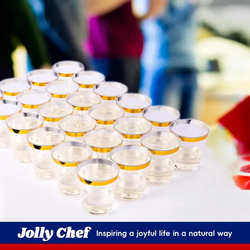 Vista 7 de JOLLY CHEF Paquete de 100 vasos de plástico dorado de 10 onzas, vasos de plástico transparente elegantes con borde dorado desechables, perfectos