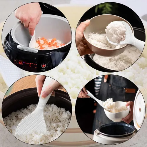 Vista 3 de 2 cucharas antiadherentes para servir arroz, pala de arroz, resistente al calor, color blanco