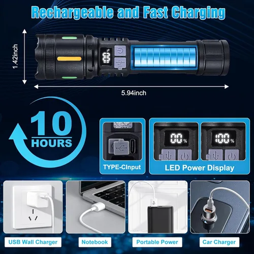 Vista 4 de Linternas LED recargables de alto lúmenes, linterna táctica súper brillante de 3000 lm con luz lateral de mazorca, 5 modos de luz, IPX6 impermeable