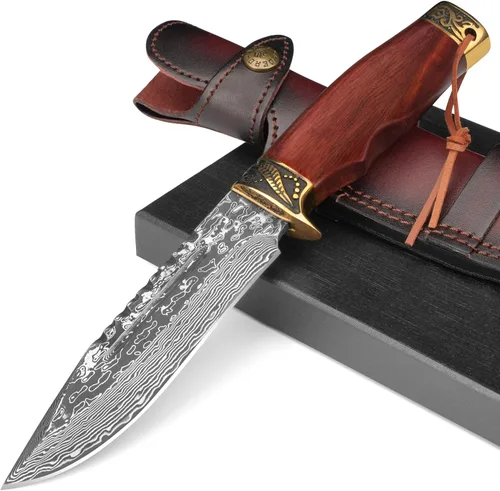Vista 10 de DRACHENADER Cuchillo de caza de hoja fija con funda de cuero horizontal YU-LN, cuchillo de bushcraft de 10.63 pulgadas para hombres con mango