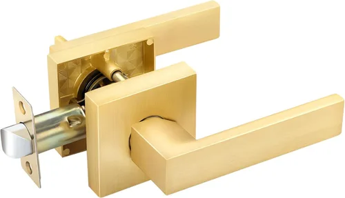 Vista 32 de EHOMEWARE - Juego de manijas de puerta delantera doble de latón, manija de puerta de latón cuadrado resistente en oro y cerradura de un solo