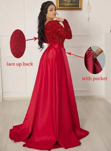 Vista 4 de Fanciest - Vestidos de fiesta de manga larga para mujer diseño de satén con lentejuelas cuello en V y abertura de estilo formal para graduación