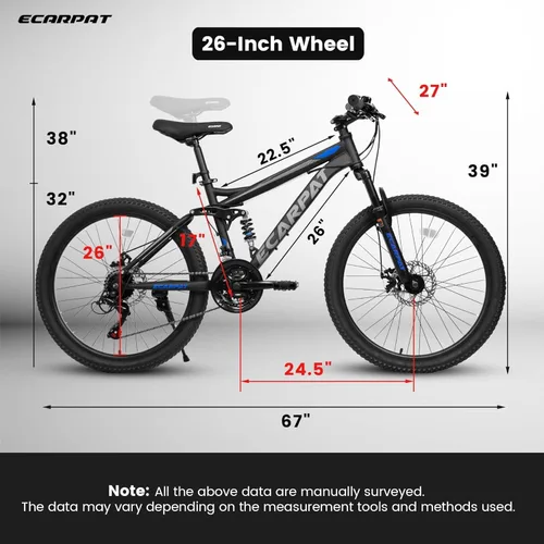 Vista 9 de 26 27.5 inch Mountain Bike Full Suspension, 21-Speed Steel Frame for Men & Women, Mechanical Disc Brakes Mens Mountain Bike, Outdoor Cycling