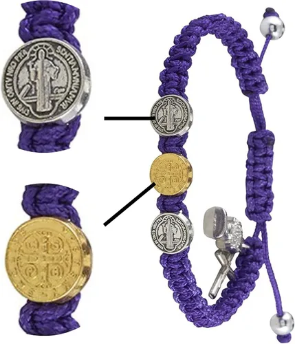 Vista 4 de Pulsera de medalla de San Benito, diseño de macramé morado, talla única