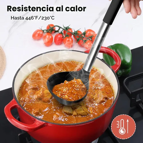 Vista 9 de Onader Juego de 10 utensilios de cocina de silicona, con soporte y mango de acero inoxidable resistente al calor para utensilios de cocina Negro