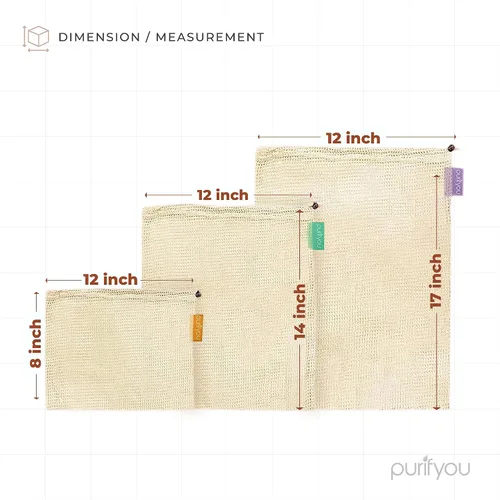 Vista 2 de purifyou Juego de 9 bolsas reutilizables de algodón orgánico – Malla de doble costura resistente, sin blanquear, cierre de cordón – 2 XL (12 x 20)