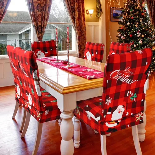 Vista 7 de Macarrie Juego de fundas elásticas para sillas de Navidad, fundas protectoras para sillas estampadas, lavables, elásticas, a cuadros rojos y negros