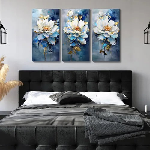 Vista 6 de AJAZIKO Arte de pared abstracto de flores, arte de pared floral, pinturas modernas para decoraciones de pared, decoración de pared familiar azul