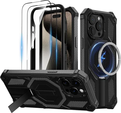 Vista 14 de Funda magnética para iPhone 15 con soporte y protector de pantalla [compatible con Magsafe] antideslizante, cuerpo completo, doble capa, resistente