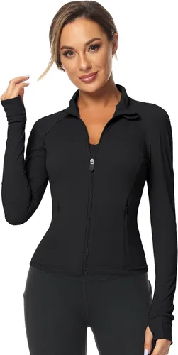 Vista 4 de LOMON Chaqueta atlética con cremallera completa para mujer, ligera, para entrenamiento, correr, yoga, con agujeros para el pulgar