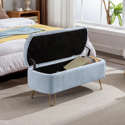Vista 4 de TTK Otomana con almacenamiento para dormitorio, moderno banco otomano de piel sintética con patas de metal dorado, banco de entrada largo de sherpa