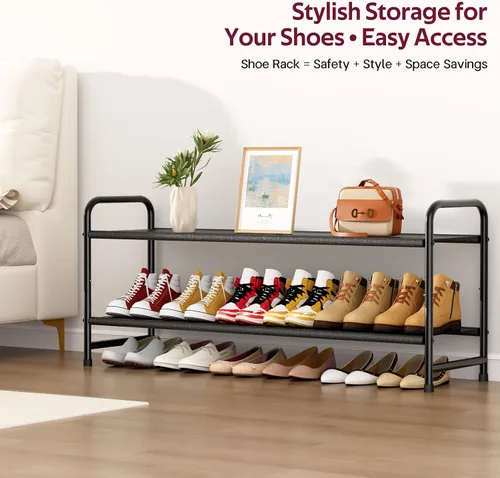 Vista 7 de SLEEPING LAMB Organizador de Zapatos Largo de 2 Niveles para Clóset, Estante de Zapatos Ancho Apilable Sostiene 18 Pares, Estante Bajo de Negro