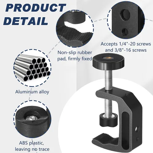 Vista 3 de Hicarer Abrazadera universal C con orificio de rosca de 1/4 y 3/8 pulgadas, abrazadera de soporte de aluminio para mesa de escritorio, soporte