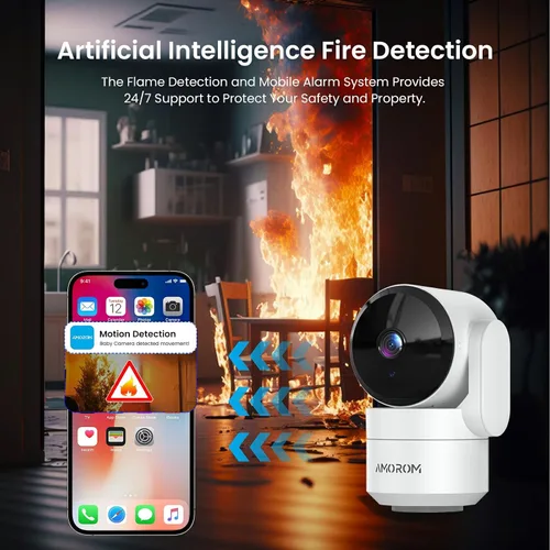 Vista 9 de AMOROM Cámara de seguridad para interiores 360° con panorámica/inclinación, monitor para mascotas, perros y bebés, visión nocturna HD 1080P