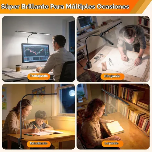 Vista 6 de SKYLEO Lámpara LED de escritorio con abrazadera, luz de escritorio de doble cabezal con control remoto y táctil, protección ocular, 12 W, 5 modos
