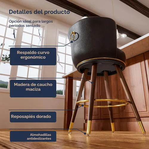 Vista 8 de SeekFancy - Juego de 2 taburetes de bar giratorios de cuero negro de 24 pulgadas Upholstered pleated backs, wood legs, gold footrests, 300lbs