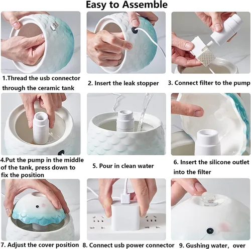 Vista 6 de Fuente de agua automática de cerámica para gatos, cascada, lindo dispensador silencioso de porcelana para gatos de interior, fácil de limpiar, 1 Azul
