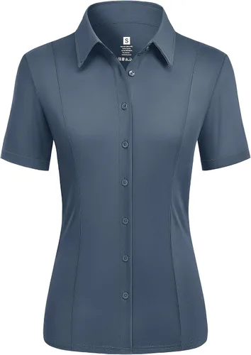 Vista 11 de Camisas con botones para mujer, elásticas, de manga corta, con cuello, sin arrugas, básica, de negocios, blusa de trabajo