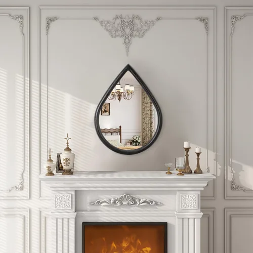 Vista 2 de Espejo de lágrima con marco de madera, espejos negros para colgar en la pared, pequeños espejos decorativos ovalados, espejo único ovalado