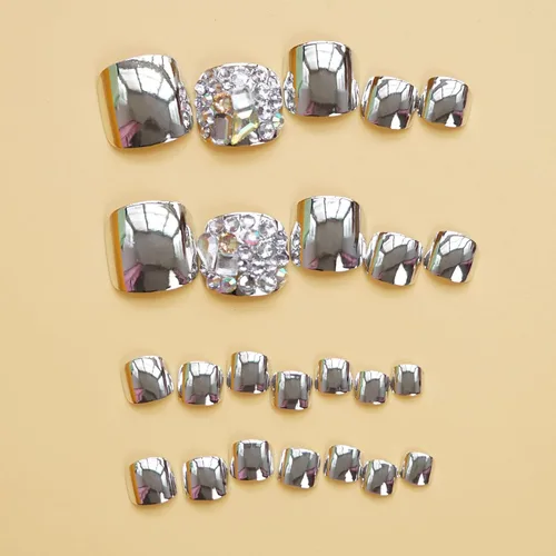 Vista 5 de MISUD Uñas a presión – Uñas adhesivas para los dedos con cromo plateado, uñas acrílicas con diseño de diamantes de imitación, 24 piezas