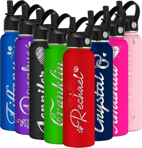 Vista 9 de Botella de agua grabada personalizada aislada con pajilla, botella de agua deportiva personalizada con nombre, botella de agua de acero inoxidable