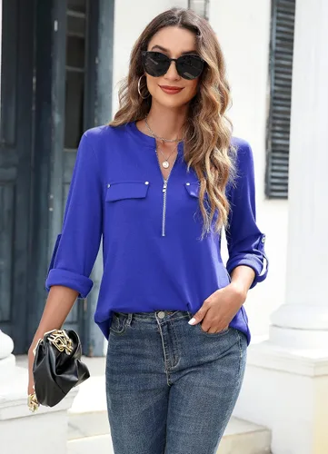 Vista 3 de Bulotus - Blusa larga e informal, con cierre frontal, cuello en V y manga 34, para mujer