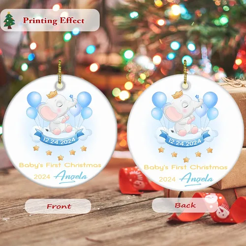 Vista 3 de Adornos personalizados para la primera Navidad del bebé 2024 con nombre y texto, adorno de elefante personalizado para bebés recién nacidos