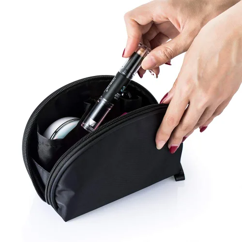 Vista 7 de Bolsa de cosméticos media luna Hekyip, neceser de maquillaje para viajes, neceser impermeable portátil para niñas y mujeres, pequeña (TODO NEGRO)