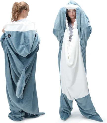 Vista 11 de Touchat Manta de Tiburón, Disfraz de Enterizo para Adulto, Manta Suave y Acogedora de Franela con Dibujos de Animales para Cosplay, Manta con Azul