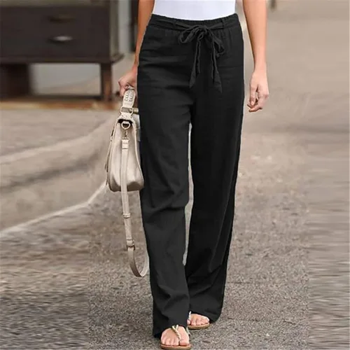 Vista 2 de DASAYO Pantalones largos casuales sueltos para mujer, bandas de lino, pantalones rectos lisos de talla grande, pantalones de moda, pantalones de yoga
