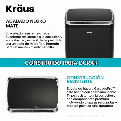 Vista 11 de Kraus GarbagePro Bote de basura rectangular de 13 galones manos libres con sensor de movimiento operado por batería en acabado negro mate con tapa
