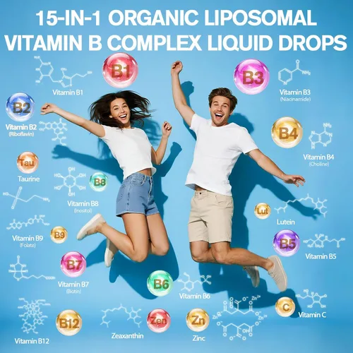 Vista 2 de 15 en 1 complejo de vitamina B liposomal Pro sin azúcar, gotas de complejo B con niacinamida B1, B2, B3, colina, biotina B5, B6, B7, inositol