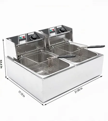 Vista 2 de Freidora eléctrica con 2 cestas y tapas, freidora eléctrica de 5000 W 21.8 L, control de temperatura de acero inoxidable, freidora comercial