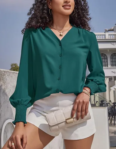 Vista 2 de Aifer Blusa para mujer, manga larga, elegante, casual, cuello en V, con botones, blusas 2024
